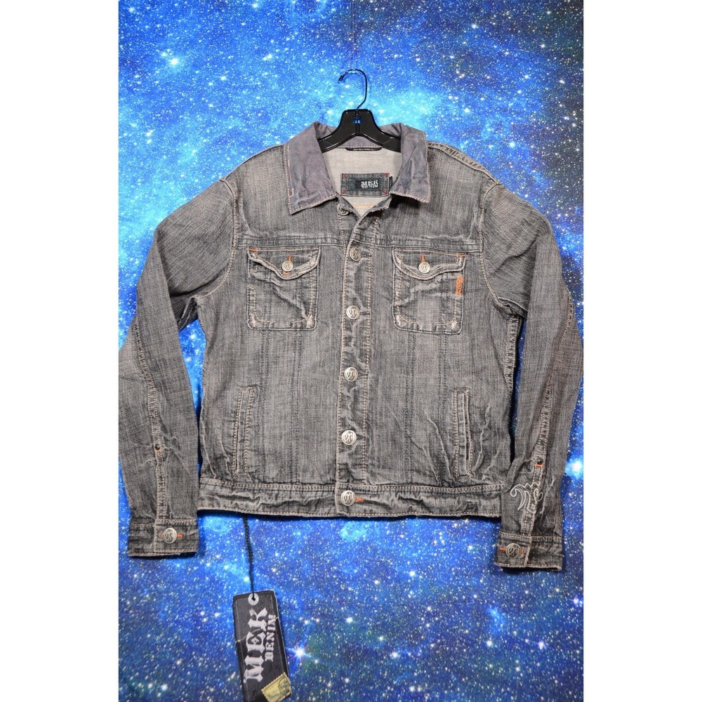 MEK Denim Jacket Mens Large Gray Trucker Biker Button Front Casual Embroidered